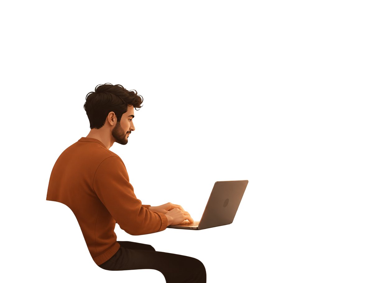 Founder working on a laptop as content flows out to social platforms